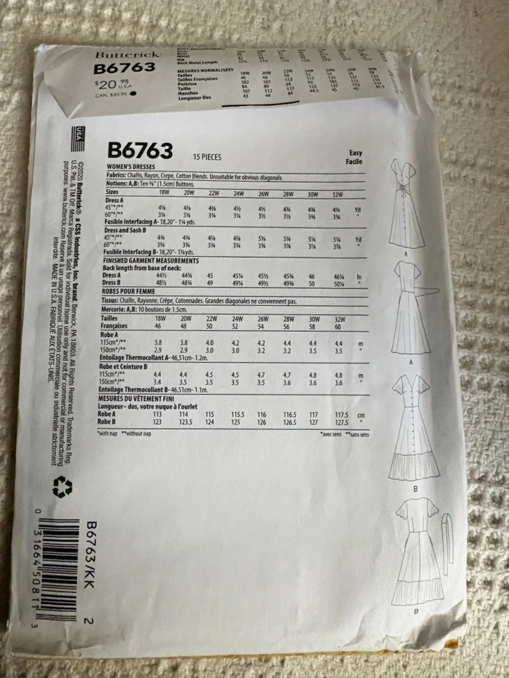 Butterick Pattern B6763 KK for Women’s Dresses